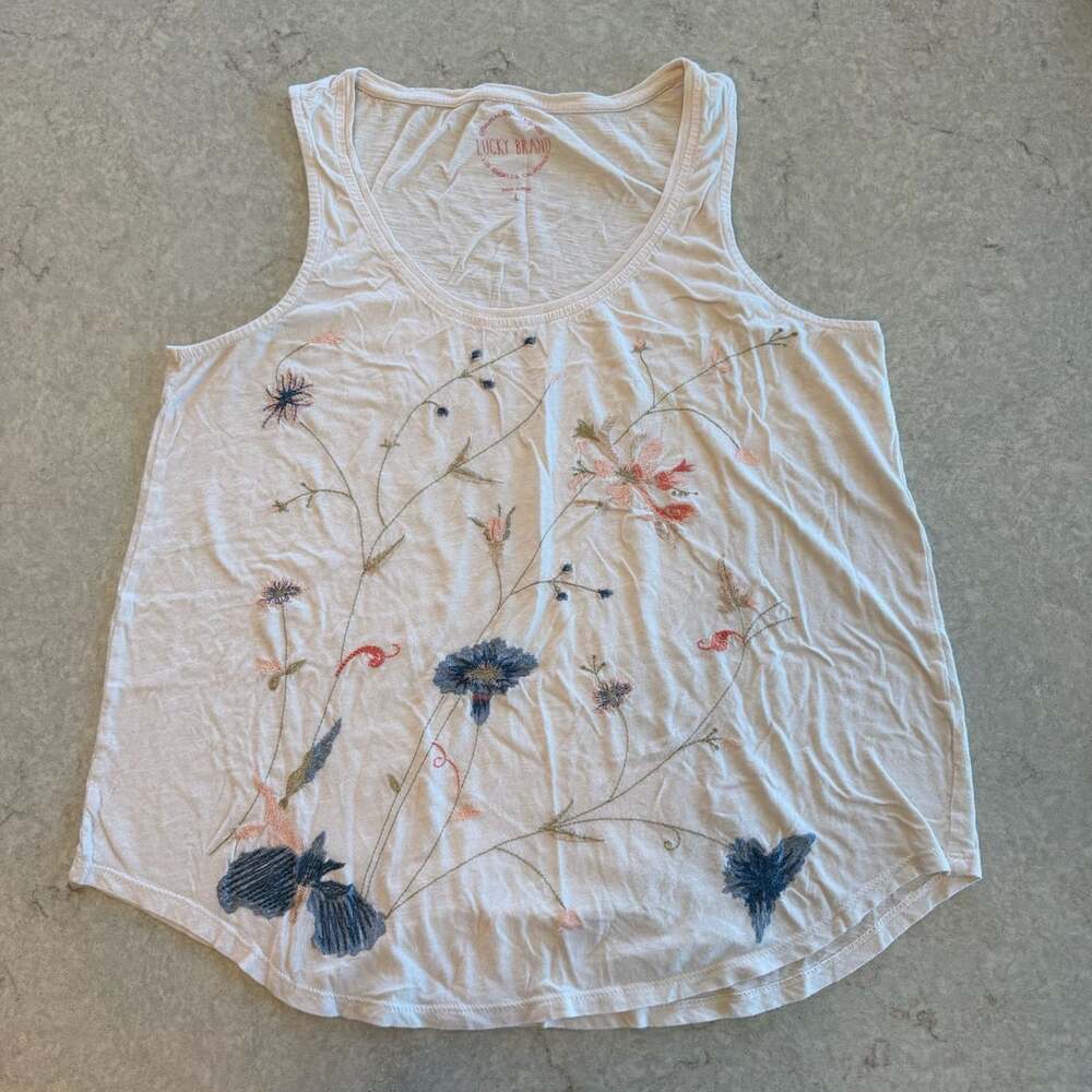 Lucky Brand Floral Embroidered Tank Top Size L Off White